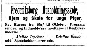 Annonce i Kvinden og Samfundet 2 jan 1902 for Frborg Husholdningsskole