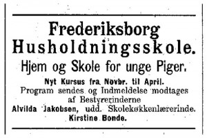 Annonce i Kvinden og Samfundet 9 aug 1902 for Frborg Husholdningsskole
